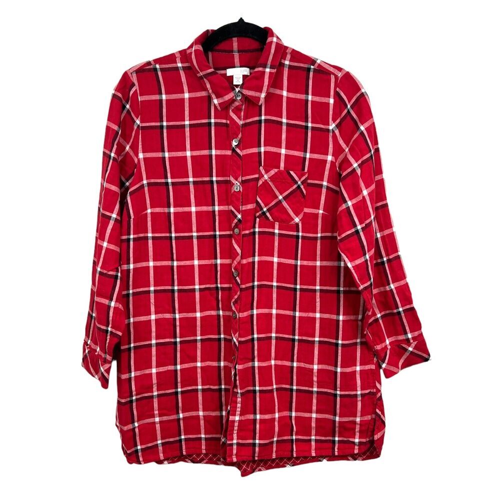 J. Jill Plaid Shirt Collard Long Sleeve Pen Pocket Red White Black Women Size M*